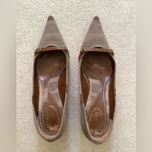 Bally Beige & Brown Canvas Leather Belt Pointed Mules Kitten Heels US 9